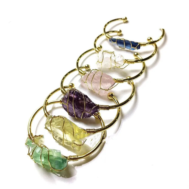 Natural crystal rough stone bracelet with gold winding wire in geometric bohemian design