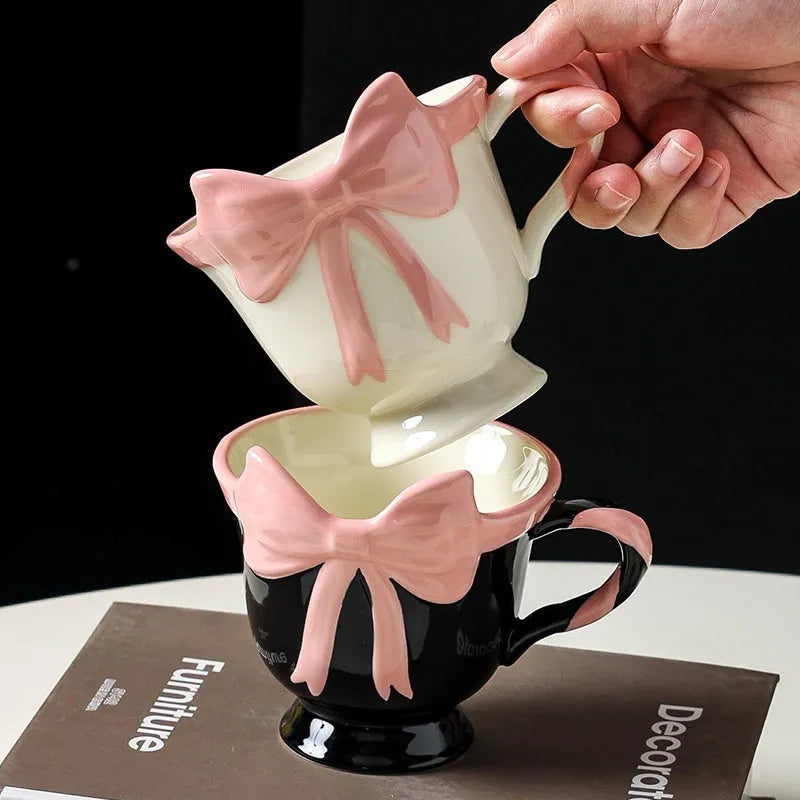 Girl heart bow pattern ceramic mug in black pink or white powder colour, 301-400ml capacity