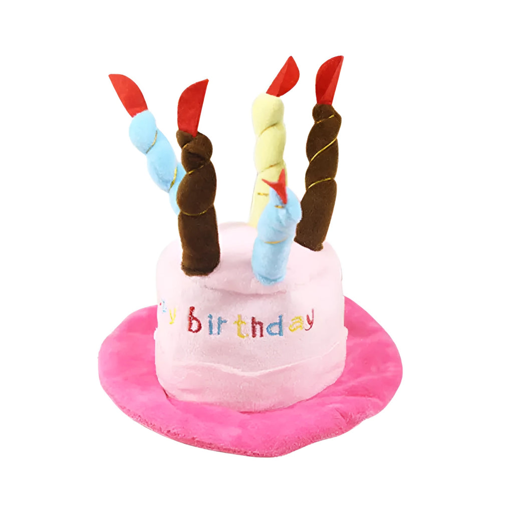 Blue and pink toy dog birthday hat measuring 21cm tall.