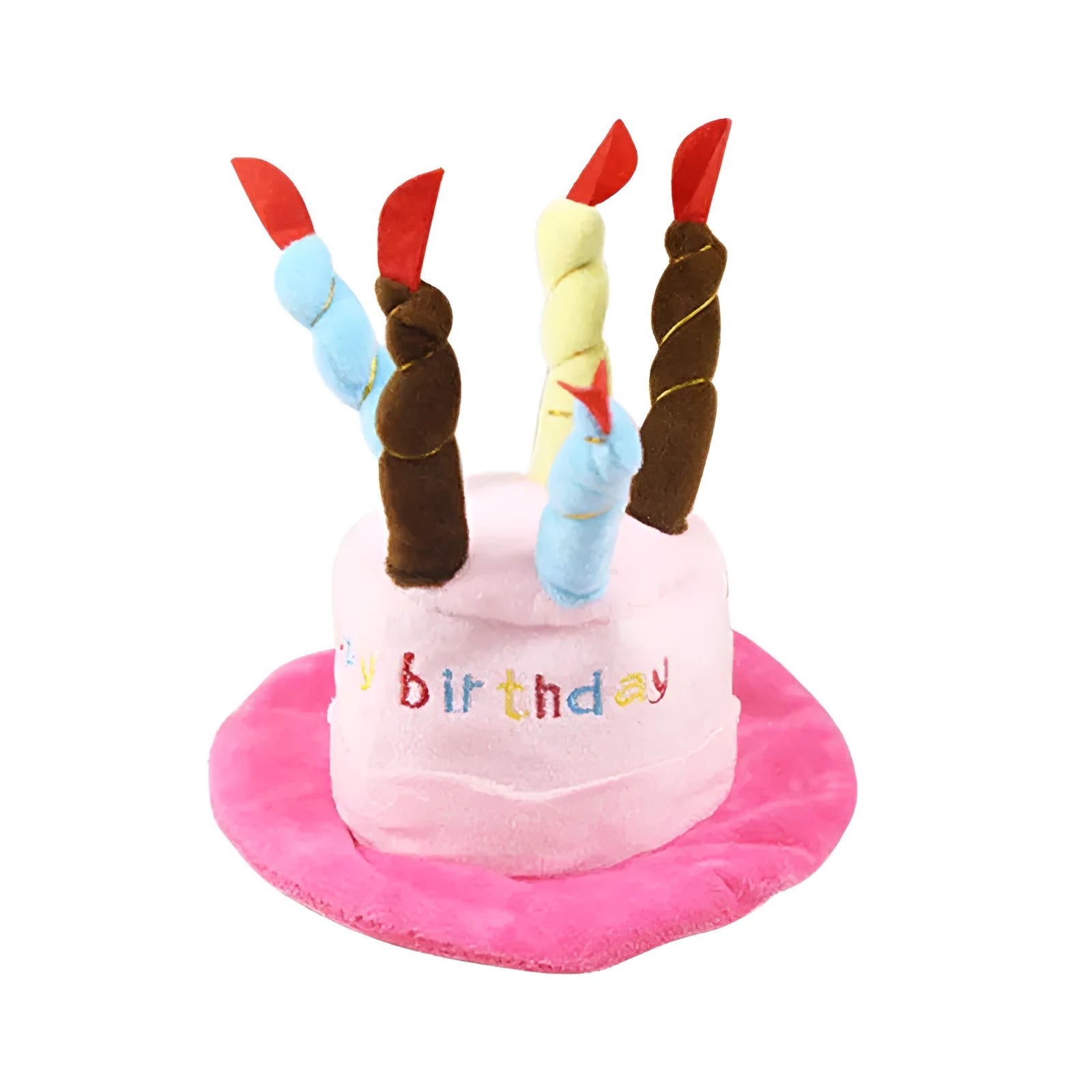 Blue and pink toy dog birthday hat measuring 21cm tall.