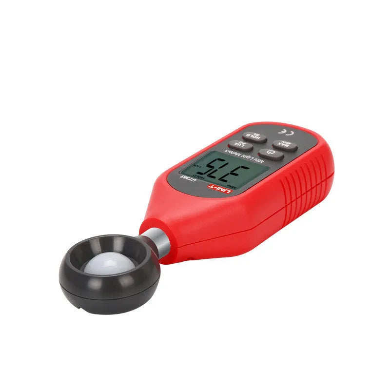 Mini lux meter UT383 with backlit display showing light reading in handheld use
