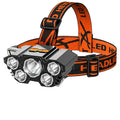 Head-mounted LED miner's lamp flashlight with headlight strip, showing 10W super bright LED and PVC construction