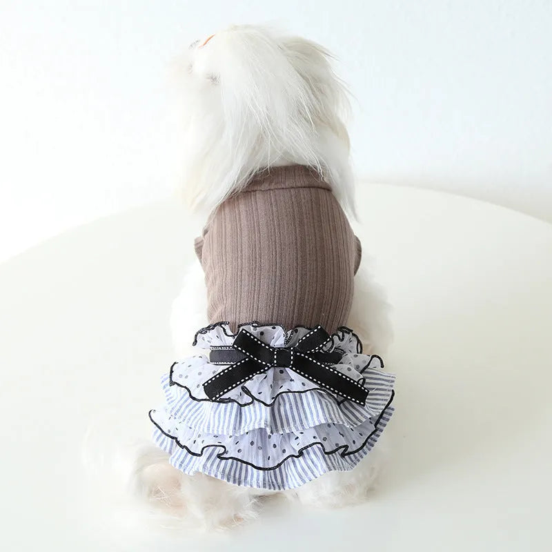 Polka dot lace cake dress pet clothing in Taro purple, shown in Princess style for dogs or cats.