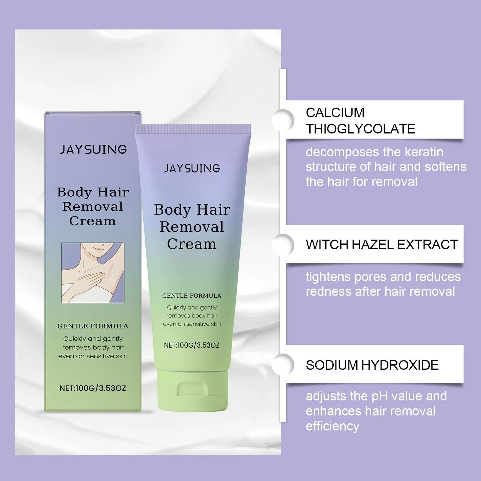 100g tube of moisturising hair removal cream with glycerin and witch hazel extract.