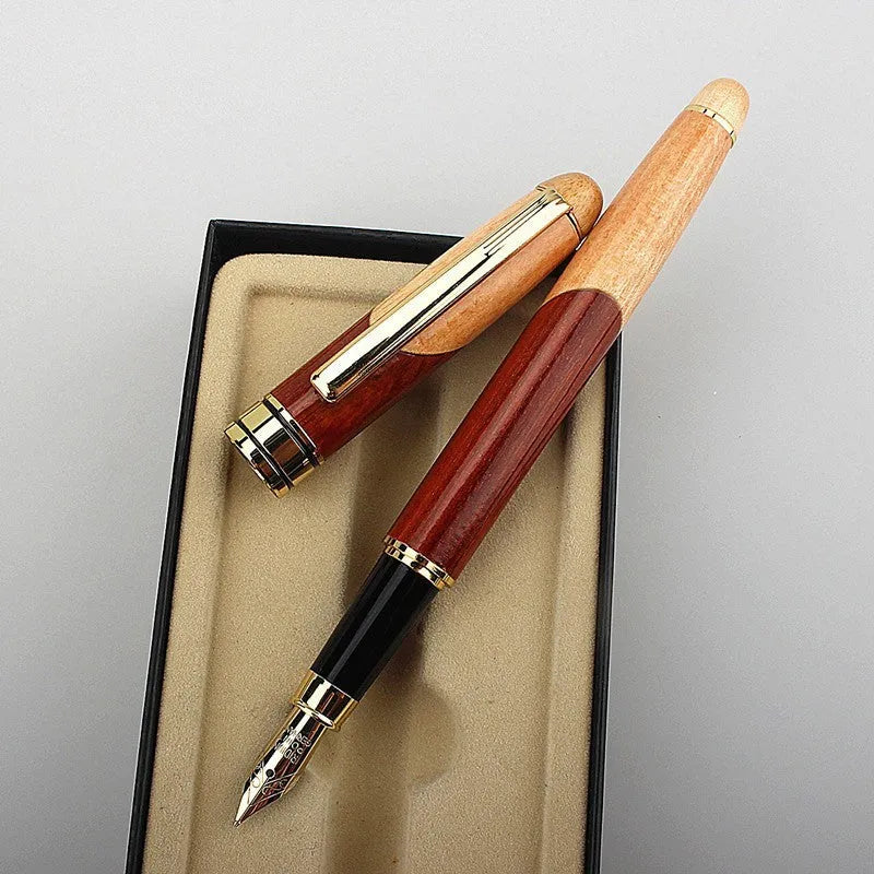 Wooden barrel and metal body ballpoint pen with a stylish protective storage bag.