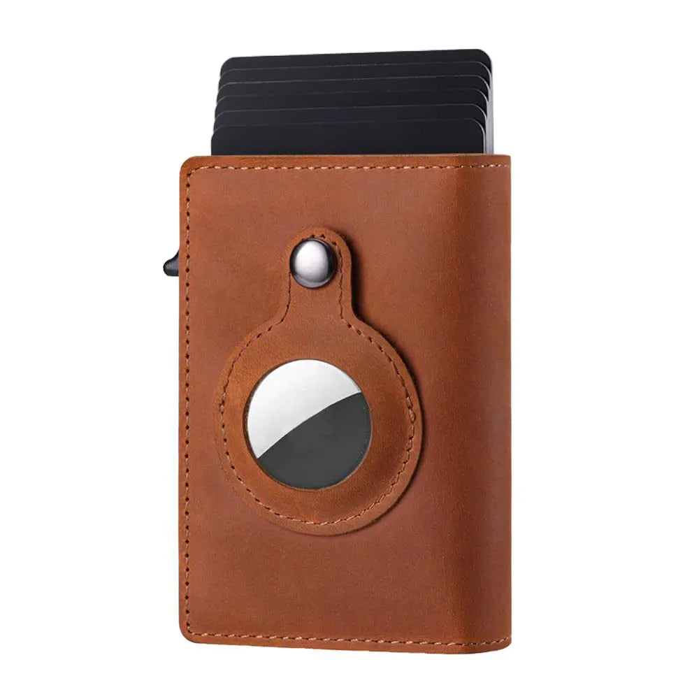 Crazy Horse Black genuine leather card holder wallet with AirTag slot and card pockets