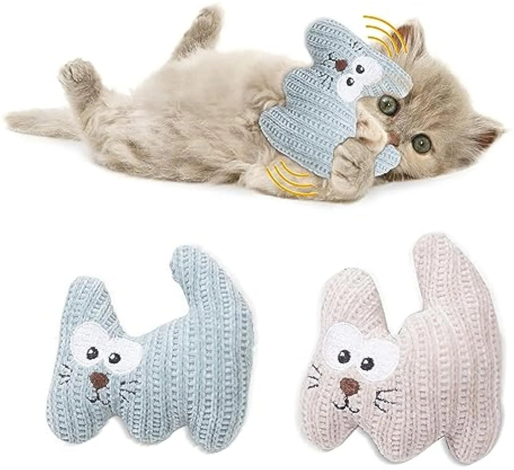 Cyan and light coffee plush cat toys with a rope design on a white background.