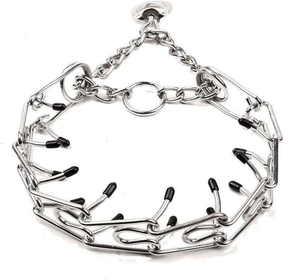 Stainless steel dog prong training collar with round head links and comfort rubber tips