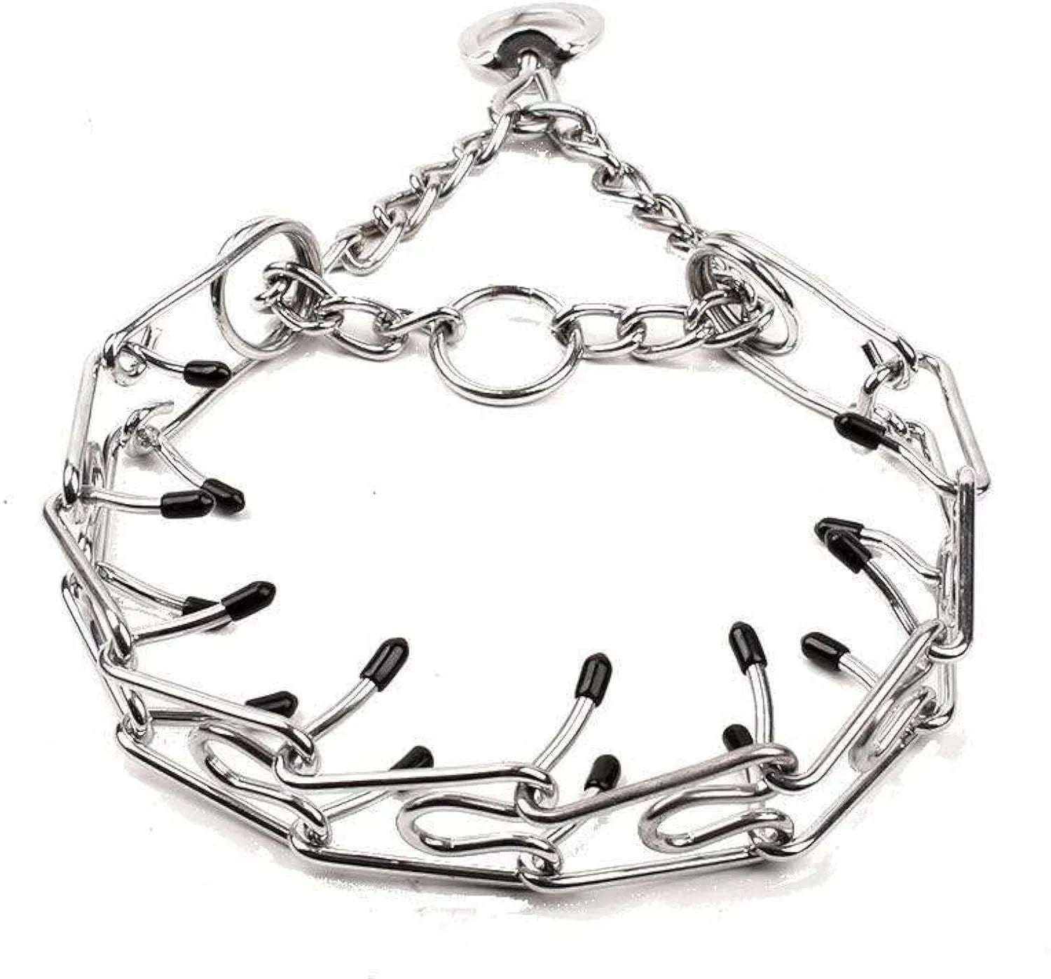 Stainless steel dog prong training collar with round head links and comfort rubber tips