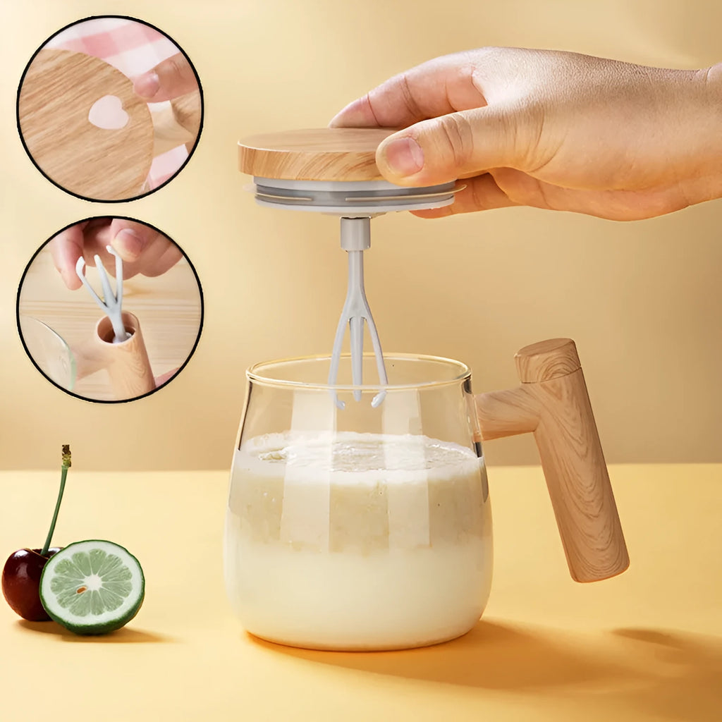 Clear borosilicate glass self-stirring coffee mug with electric mixing button and 400ml capacity