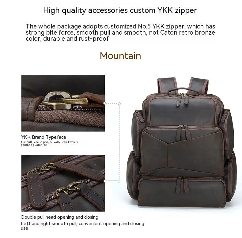 Dark brown retro crazy horse leather backpack for men open to show 17-inch laptop compartment and internal organisers.