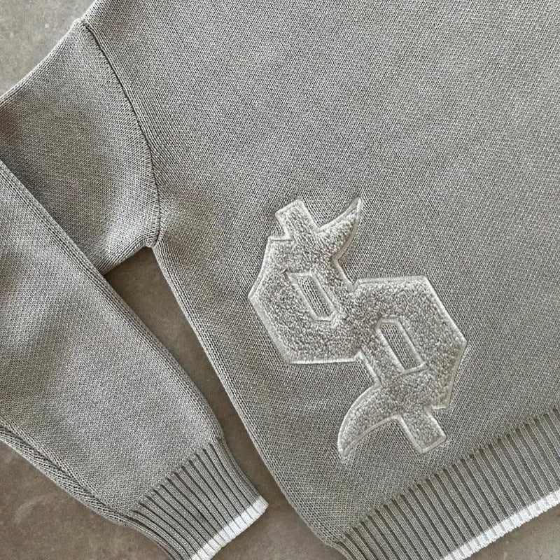 Grey jacquard pattern loose-fitting knitwear coat with long sleeves