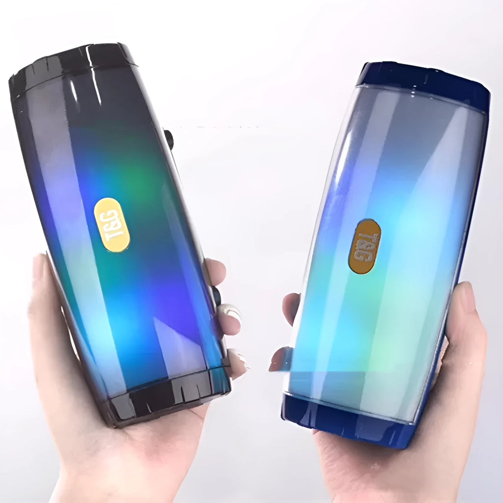 Portable Bluetooth speaker with coloured LED lighting in PU leather casing showing control buttons