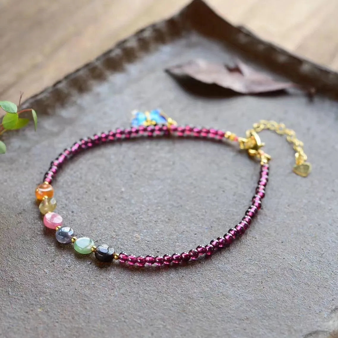 Purple natural garnet women's anklet with geometric design and adjustable chain