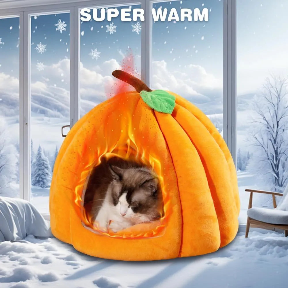 Pumpkin-shaped plush cat cave bed with a round opening, shown in grey colour.