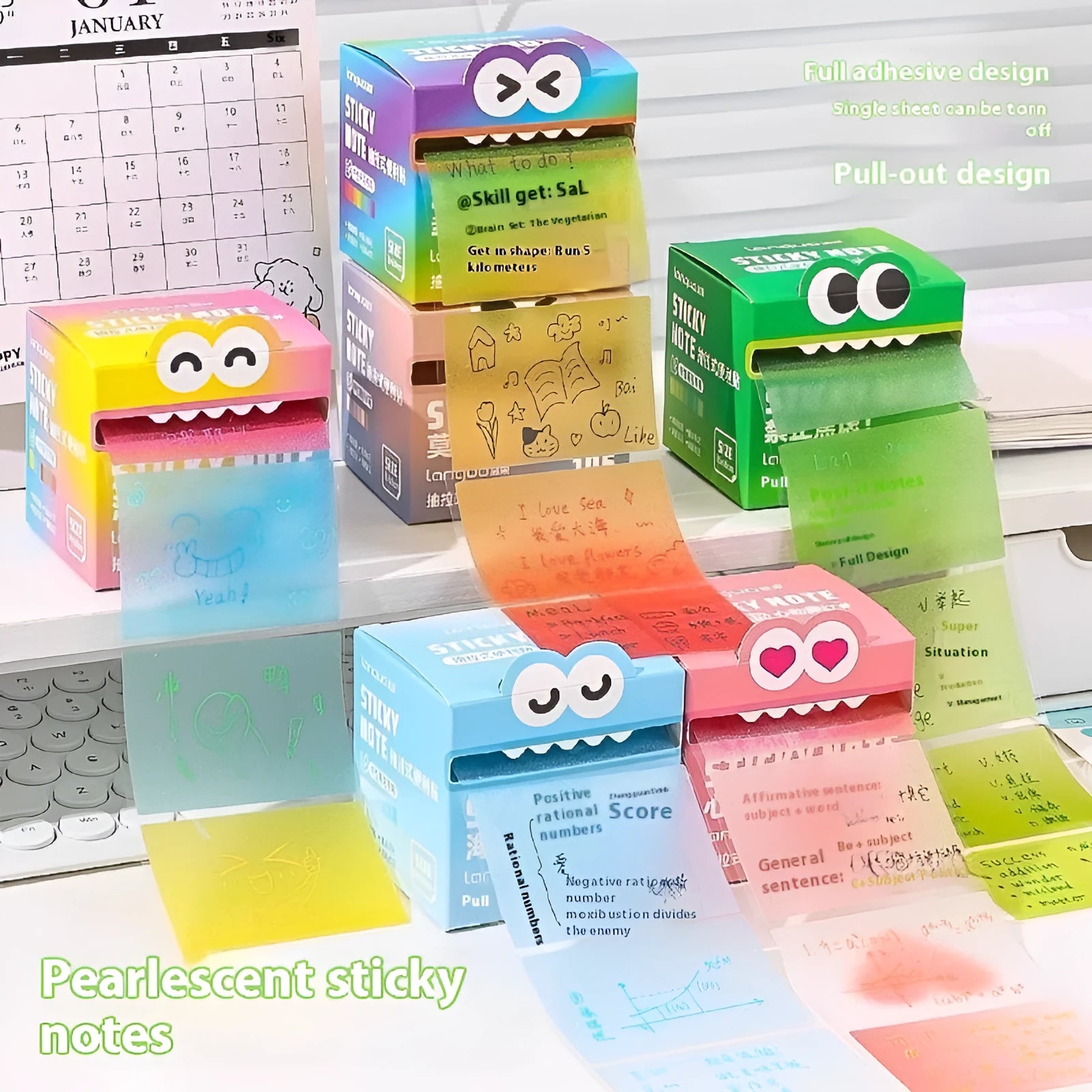 Transparent sticky notes with pearl gradient design in six colour options, 105-page pad