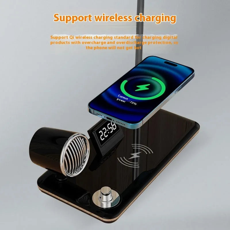 White and black intelligent wireless charging lamp with digital time display on desk