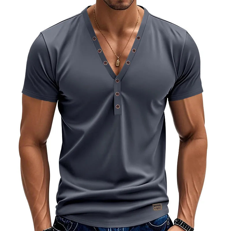 Men's loose fit V-neck pullover top with button details in polyester blend fabric for sports wear