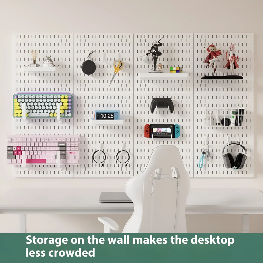 White punch-free wall wire-wrap storage rack organising cables on plain wall