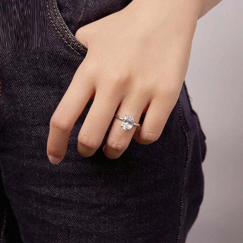 35 karat oval cut zircon engagement ring in silver finish with electroplated surface, women's geometric ring