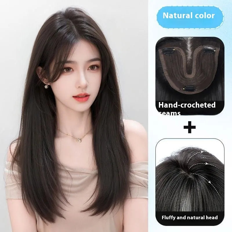 Brown black full-head synthetic wig with Chinese character bangs style for women.