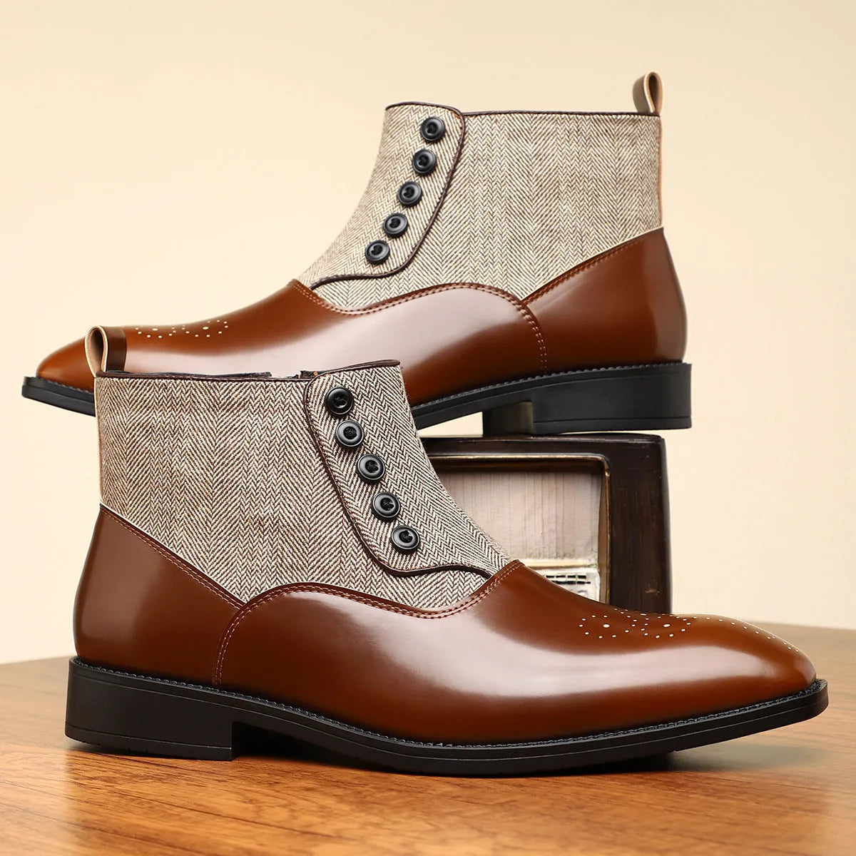 Men's brown retro business shoes with side zipper and square toe on rubber sole
