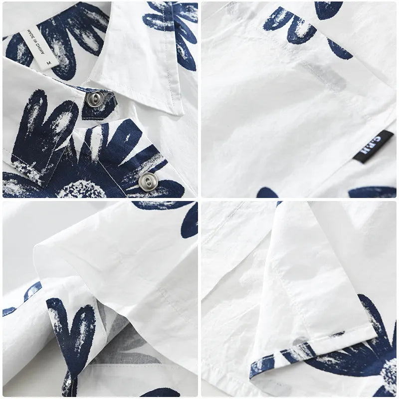 Printed short sleeve shirt cardigan in cotton blend fabric showing loose fit design