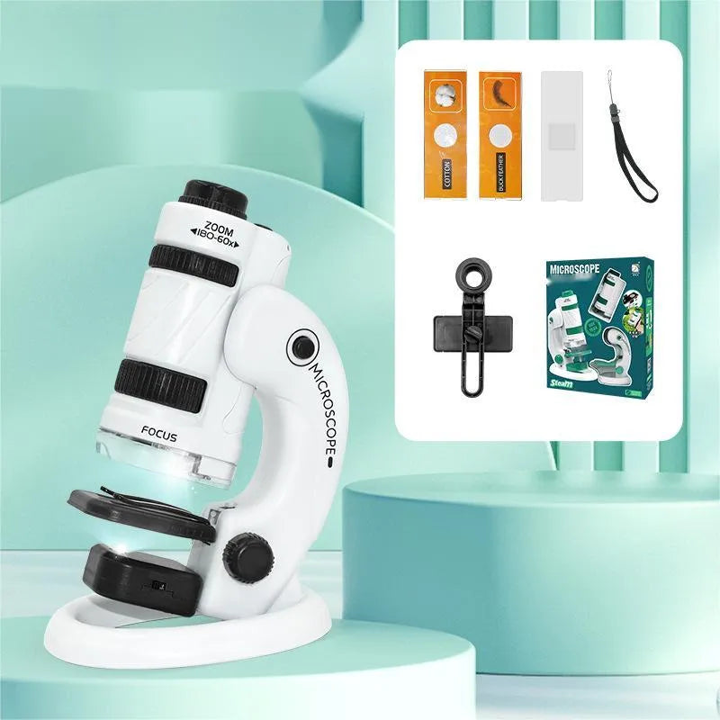White and green portable microscope set with specimen slides for science education.