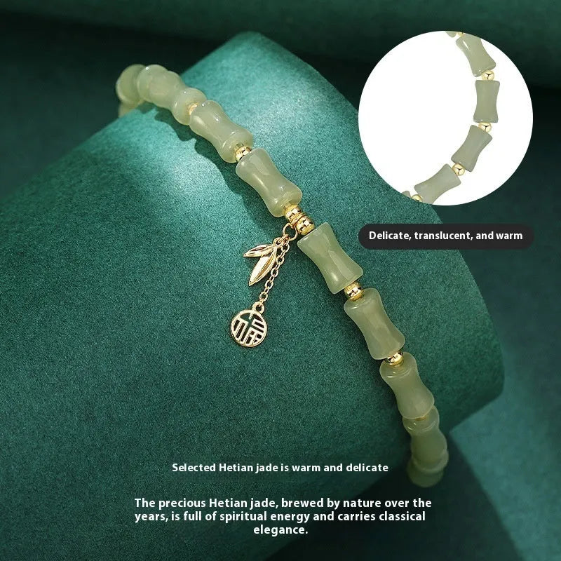 Green Chinese style bamboo motif bracelet and necklace set with jade accents