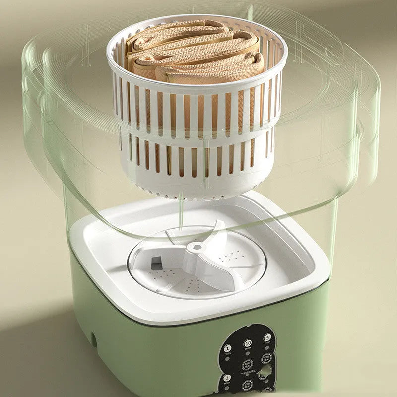 Portable folding washing machine in pine green colour with drain hose and basket