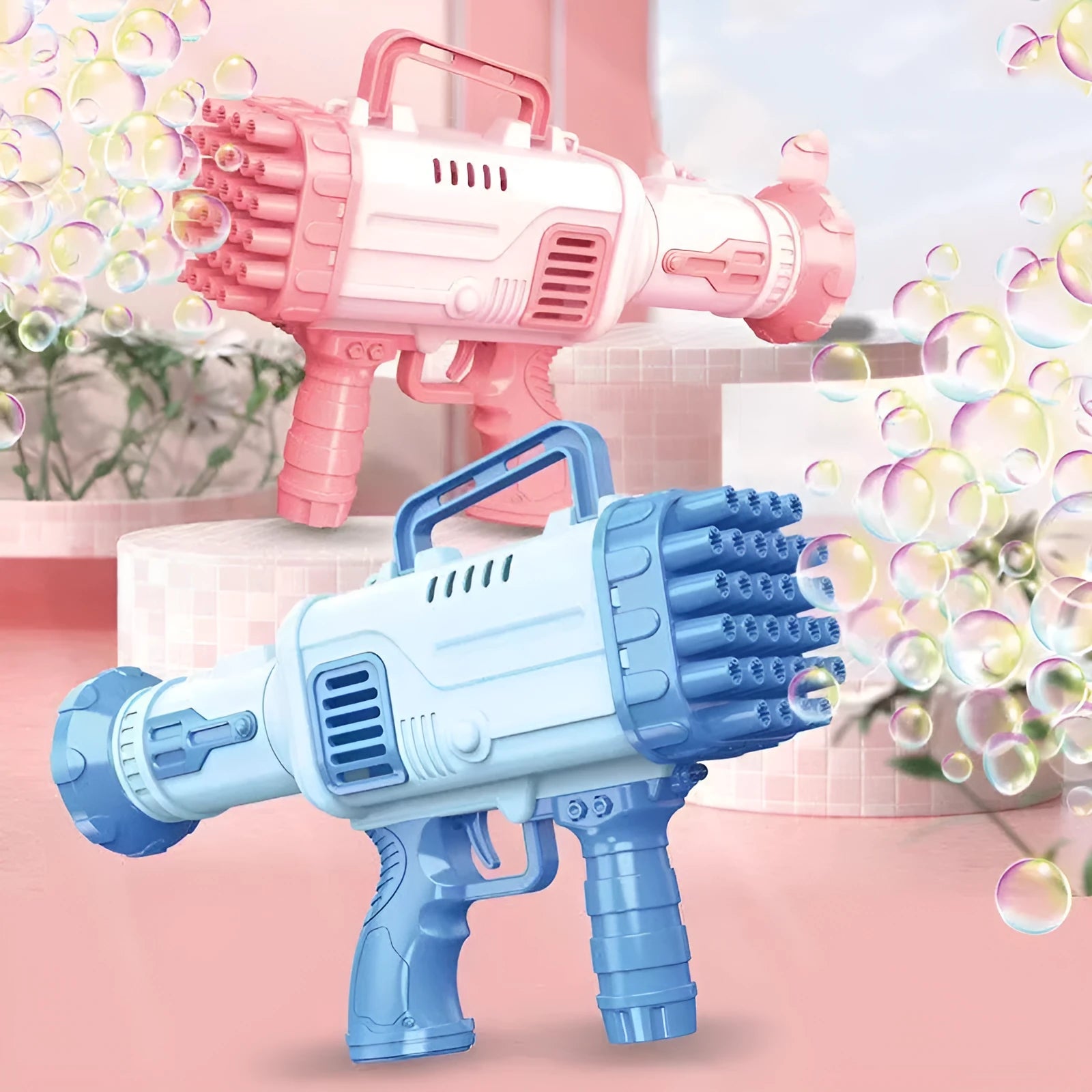 Cherry pink and sky blue electric bazooka bubble gun toy with 32 holes on a colour box.