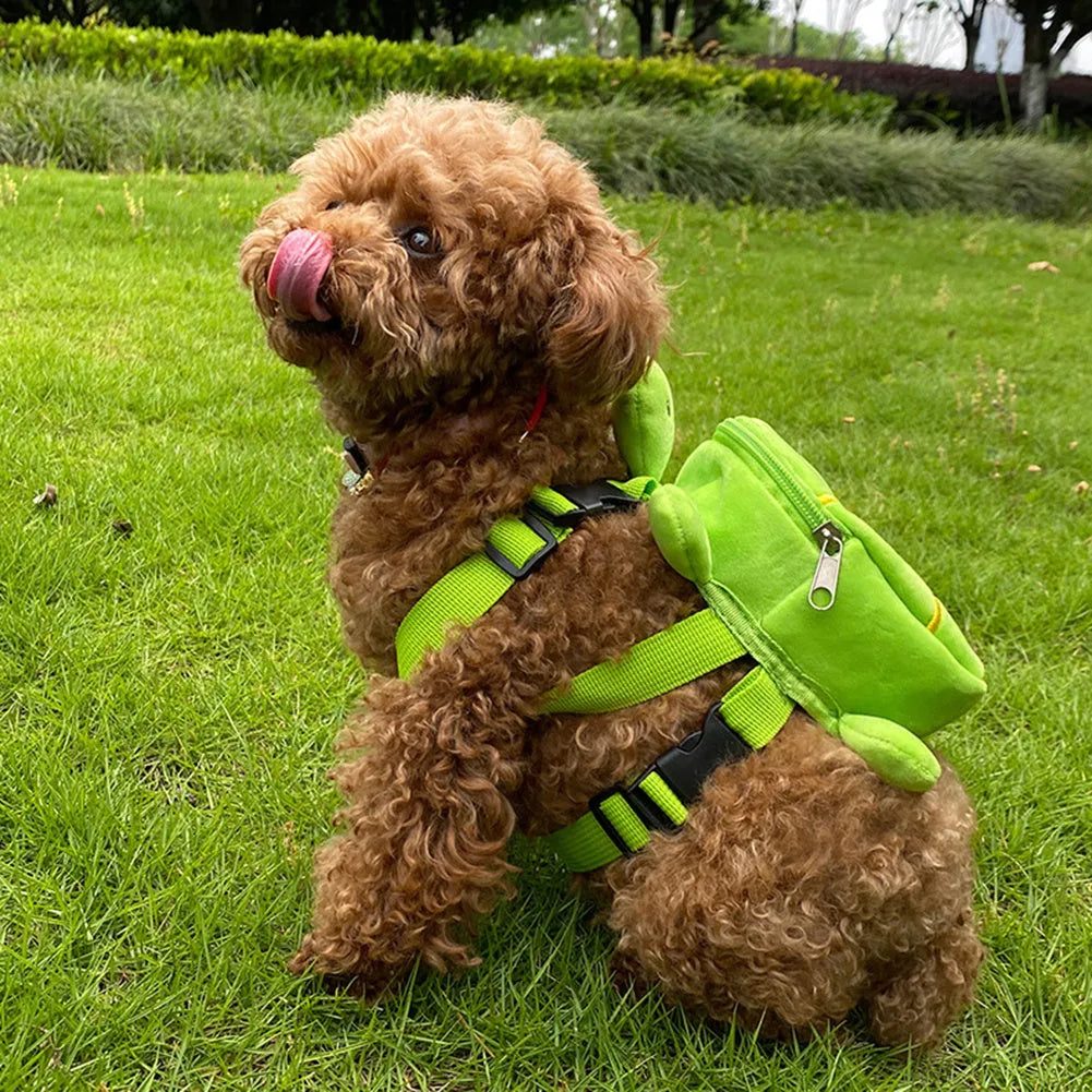 Turtle-shaped dog backpack harness vest in velvet fabric with metal zipper