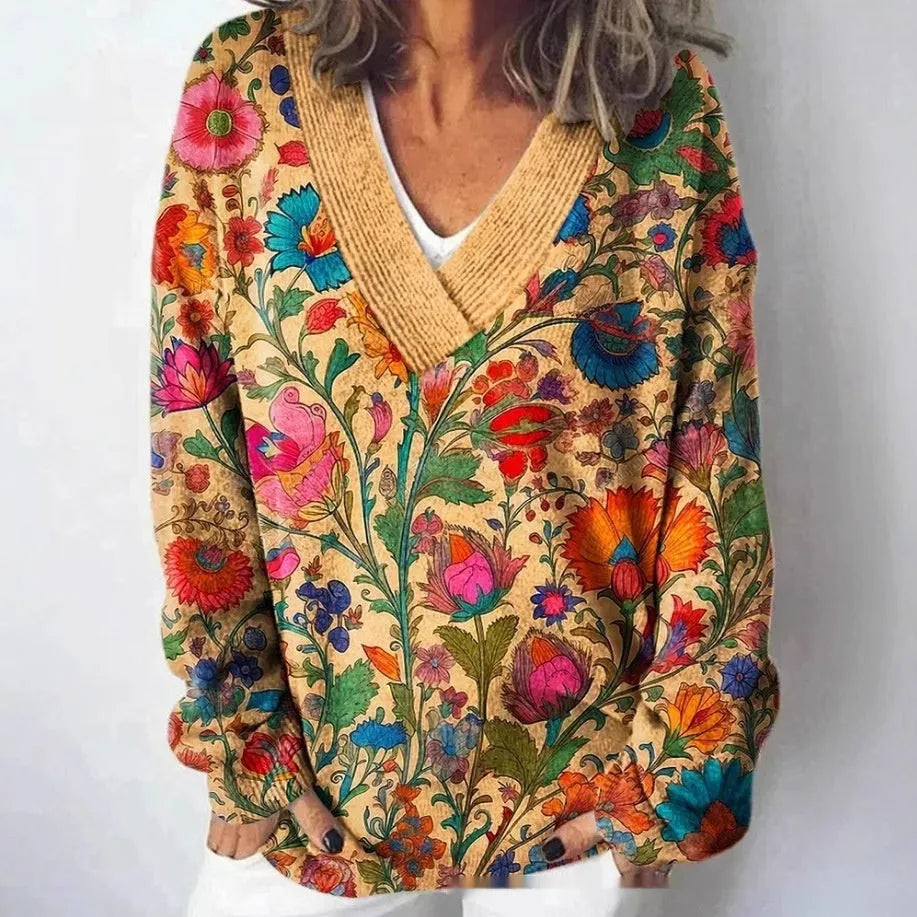 Women's long sleeve V-neck sweatshirt with a detailed 3D floral print in an art retro style.