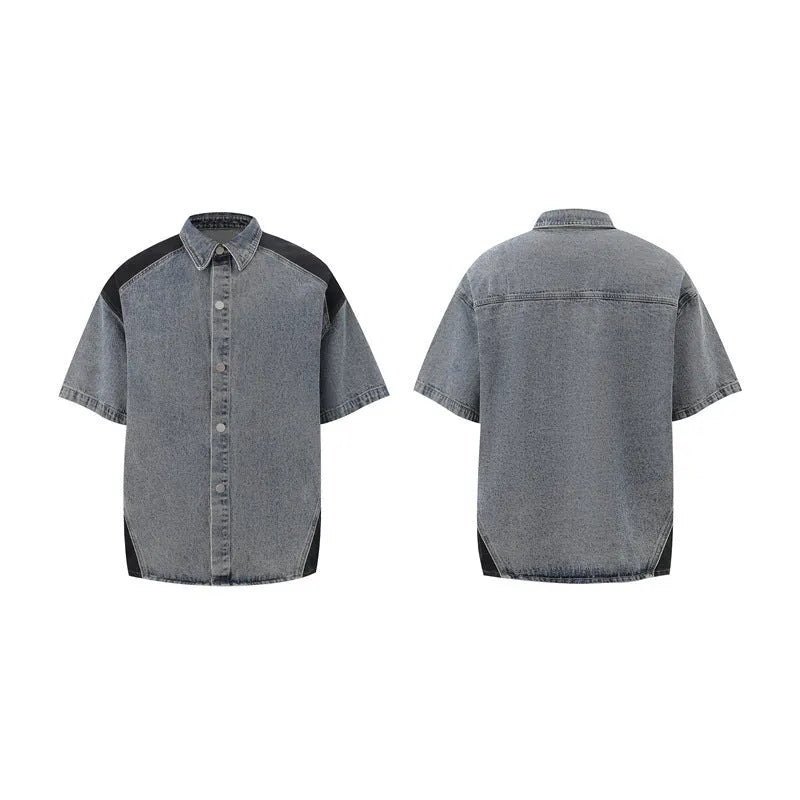 Retro denim suit with short-sleeved jacket and trousers in a washed finish.