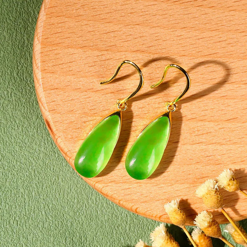 Retro Chinese-style geometric copper earrings with electroplated CP798-jade colour and water droplet elements