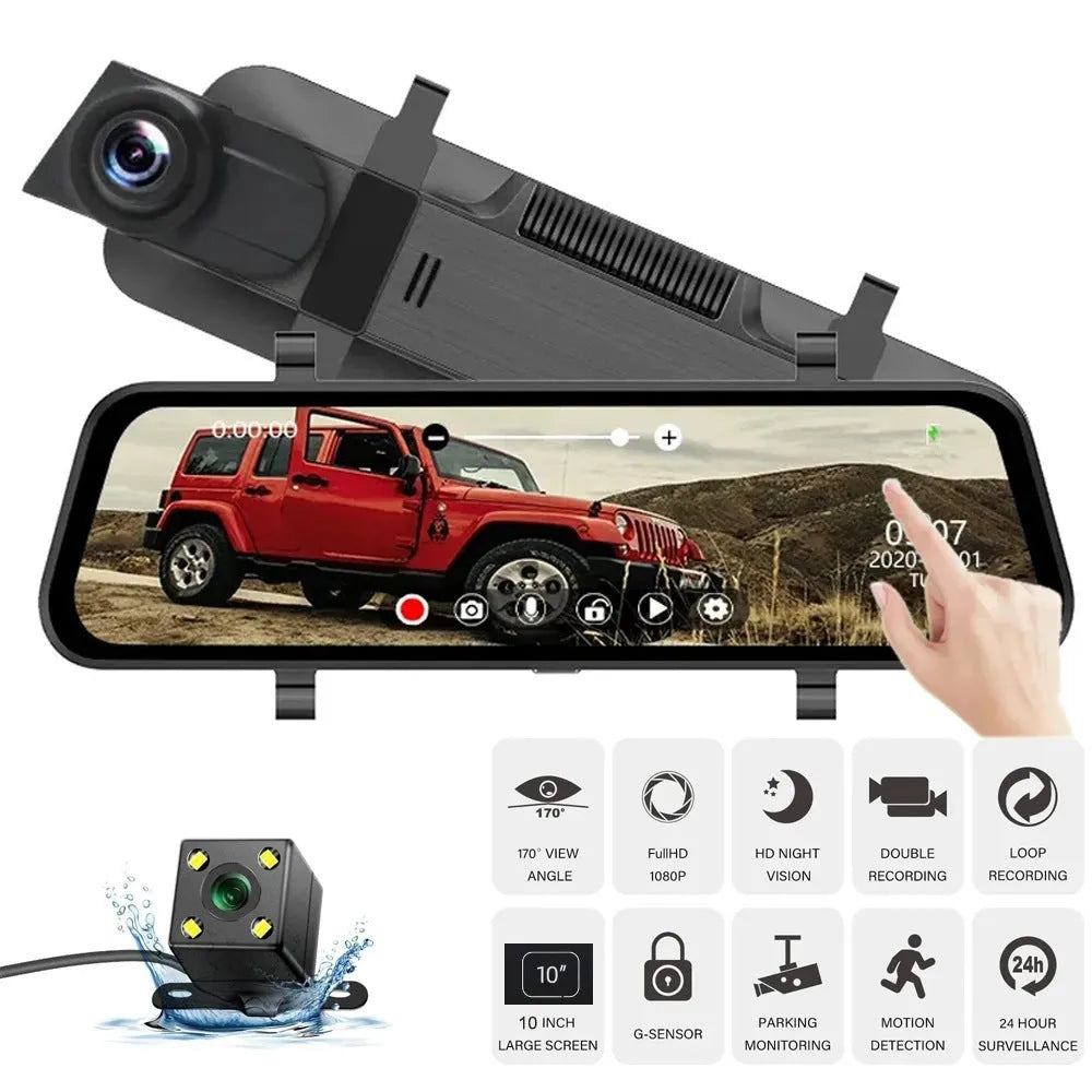 10-inch full screen car dash cam with front and rear cameras on a car windscreen