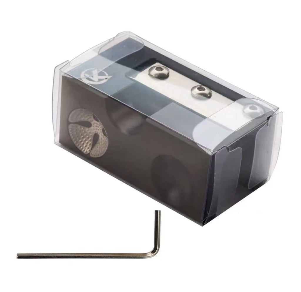 Black metal billiard cue leather tip repair device for maintenance and reshaping