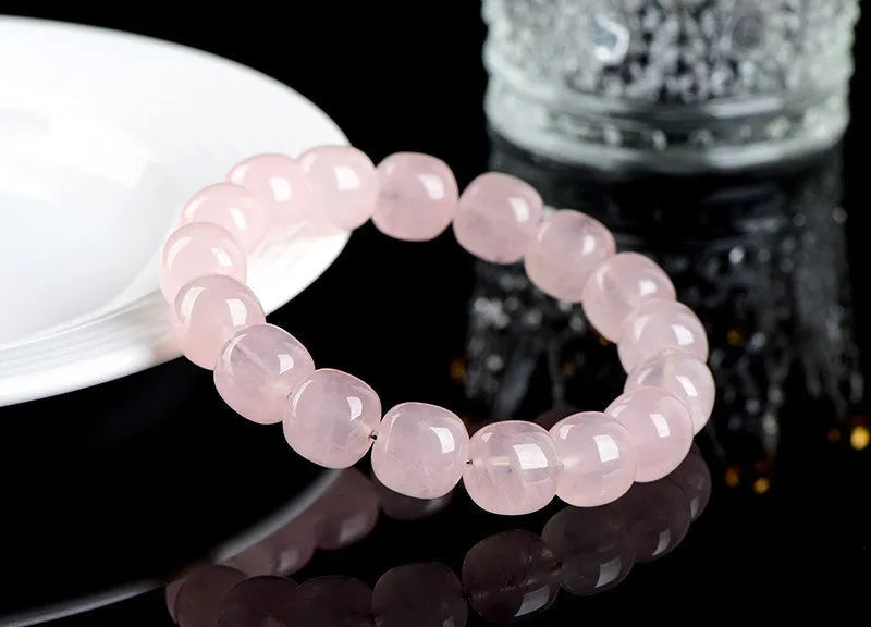 Natural crystal bamboo barrel bead bracelet with geometric 11x12mm beads in pink
