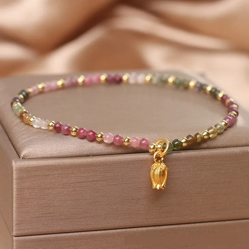 Natural tourmaline flower beaded adjustable anklet bracelet jewellery for women