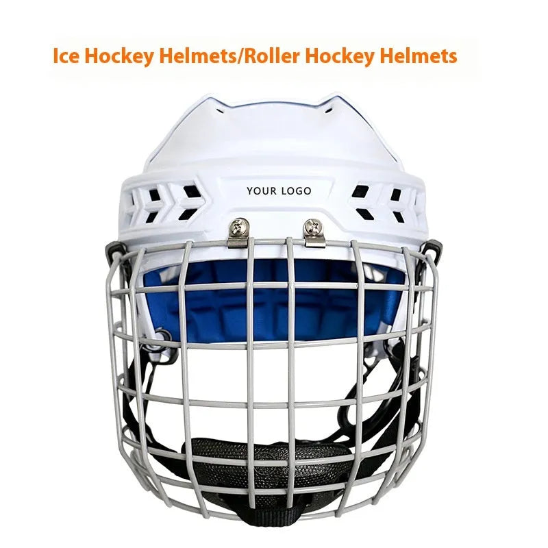 Ice hockey helmet with carbon steel face mask, shown in size L with a black PP shell and grey lining.