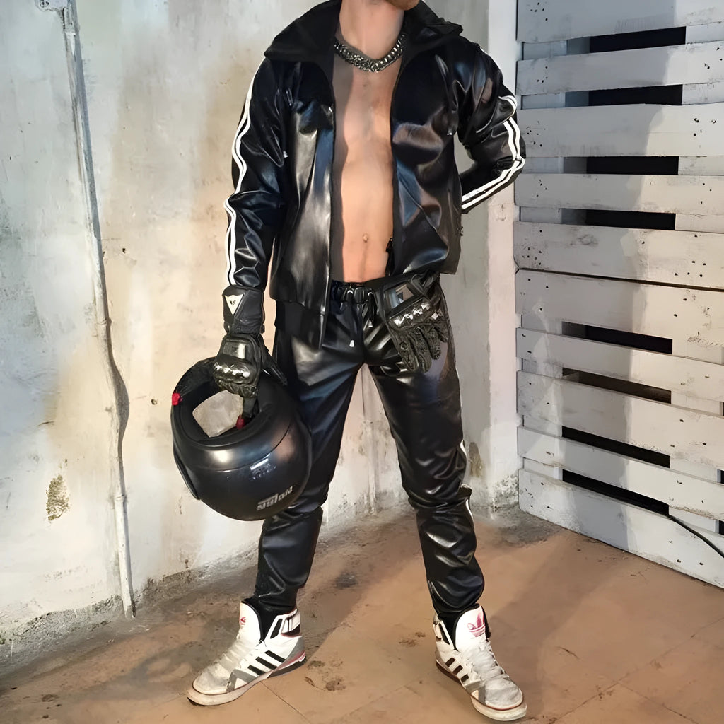 Men's black PU leather hooded sports jacket and matching trousers set for autumn athletics.