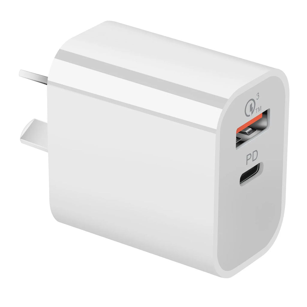 White Australian Standard dual-port USB charger with SAA certification label