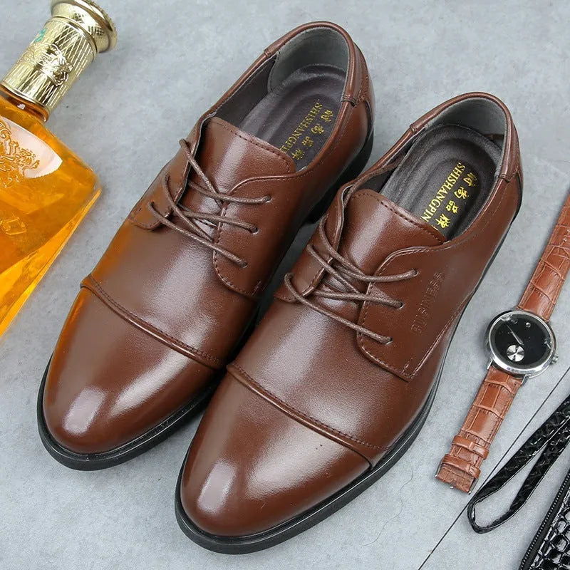 Men's black formal lace-up leather shoes with stitching detail, shown on a white background.