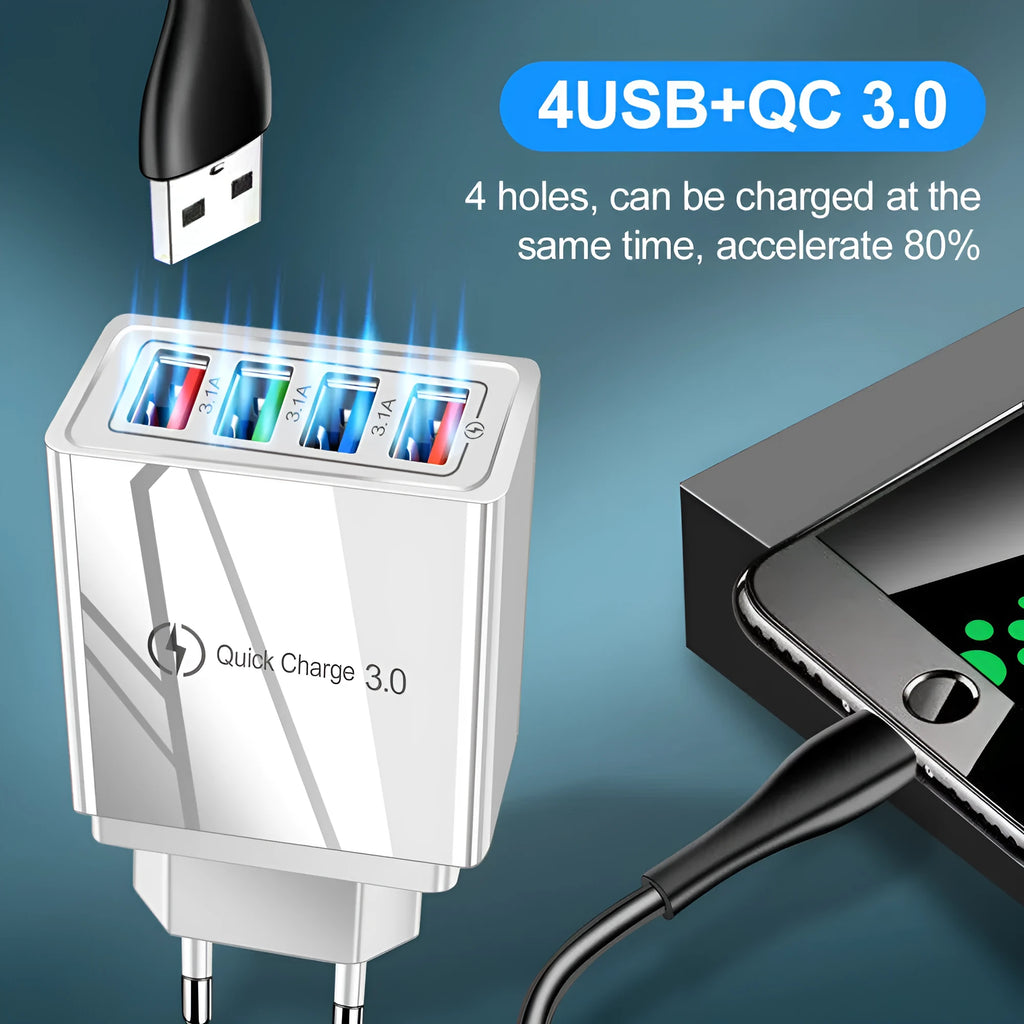 Multi-port USB charging head with luminous indicator showing US, EU and UK plug variants