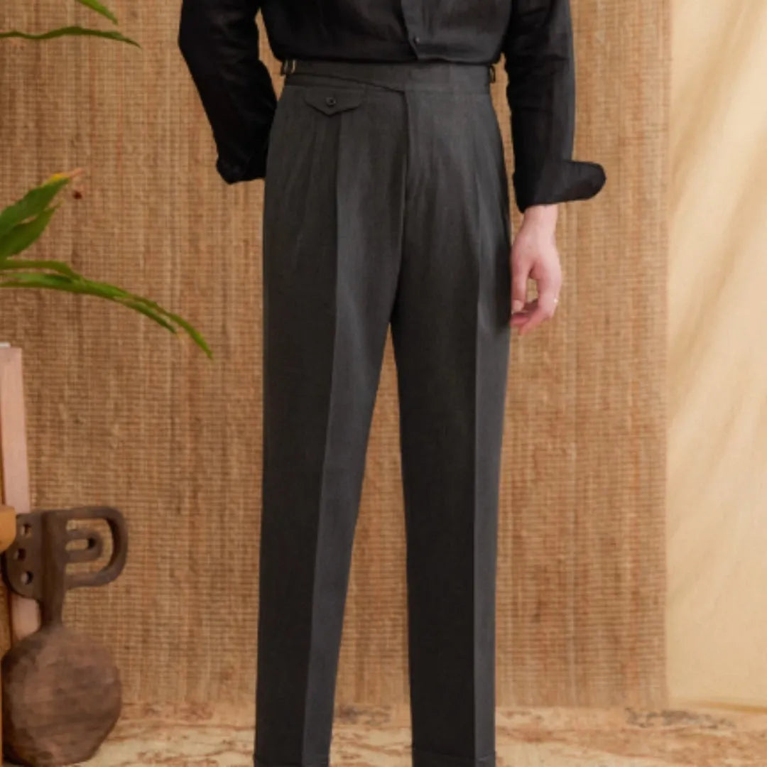Men's slim fit straight leg business trousers in dark grey colour with medium high waist