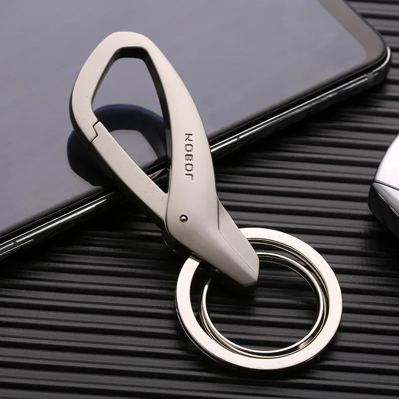 Black zinc alloy double ring key chain for car keys, shown with measurements.