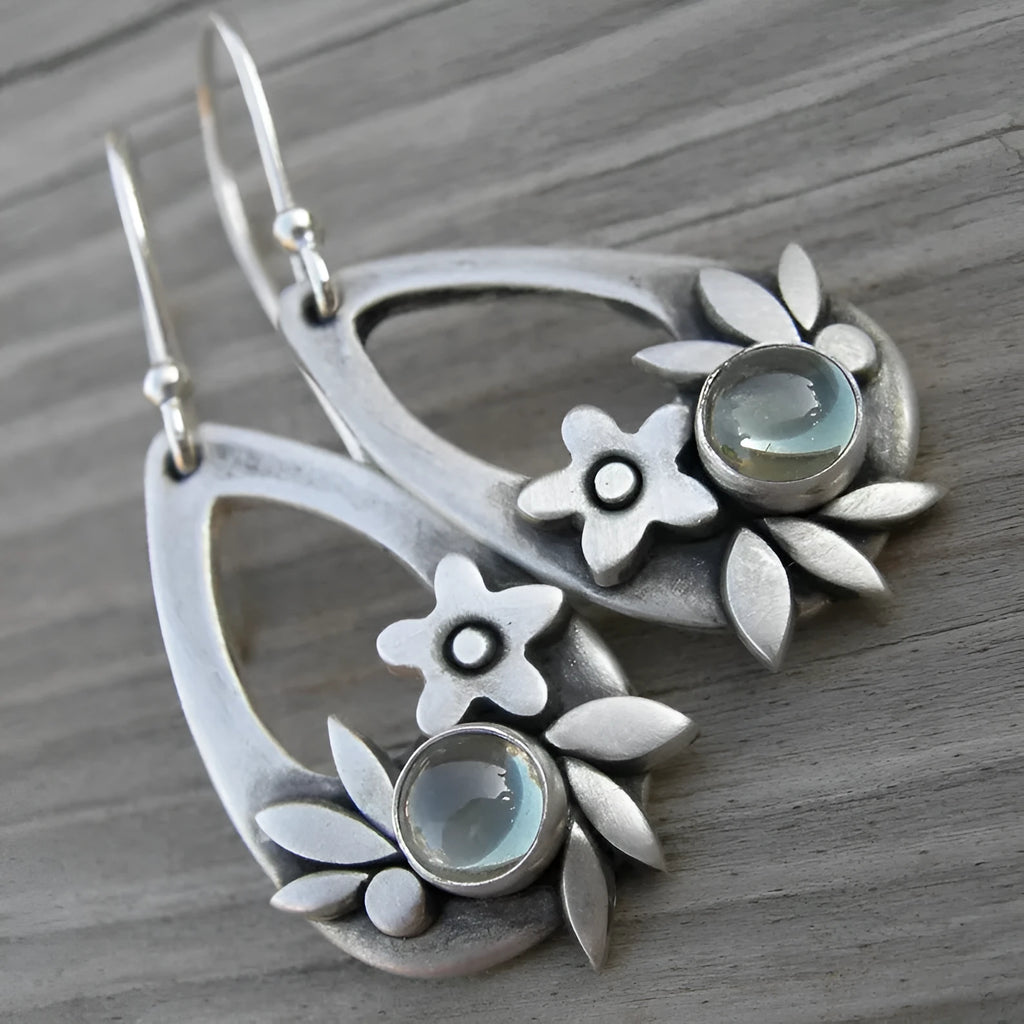 Silver alloy teardrop drop earrings with floral leaf design, electroplated finish, for women