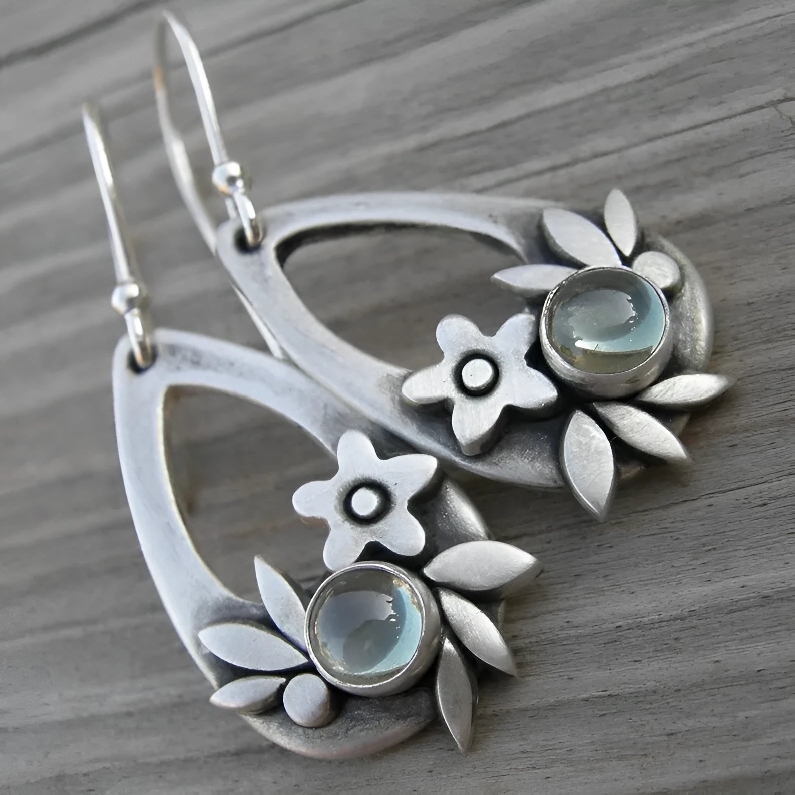 Silver alloy teardrop drop earrings with floral leaf design, electroplated finish, for women