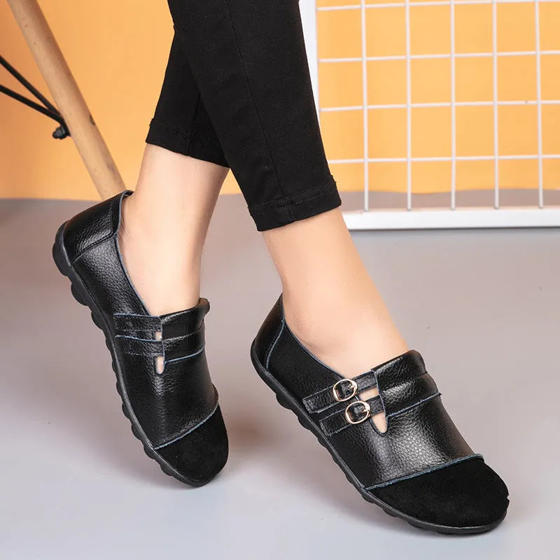 Button plus size casual low-top flat shoes with Velcro strap in six colour options.