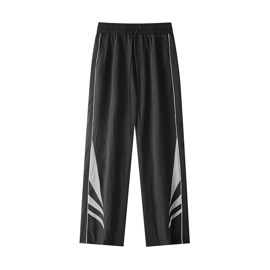 Men's straight-leg trousers in black or grey, featuring an elastic waist and loose fit.